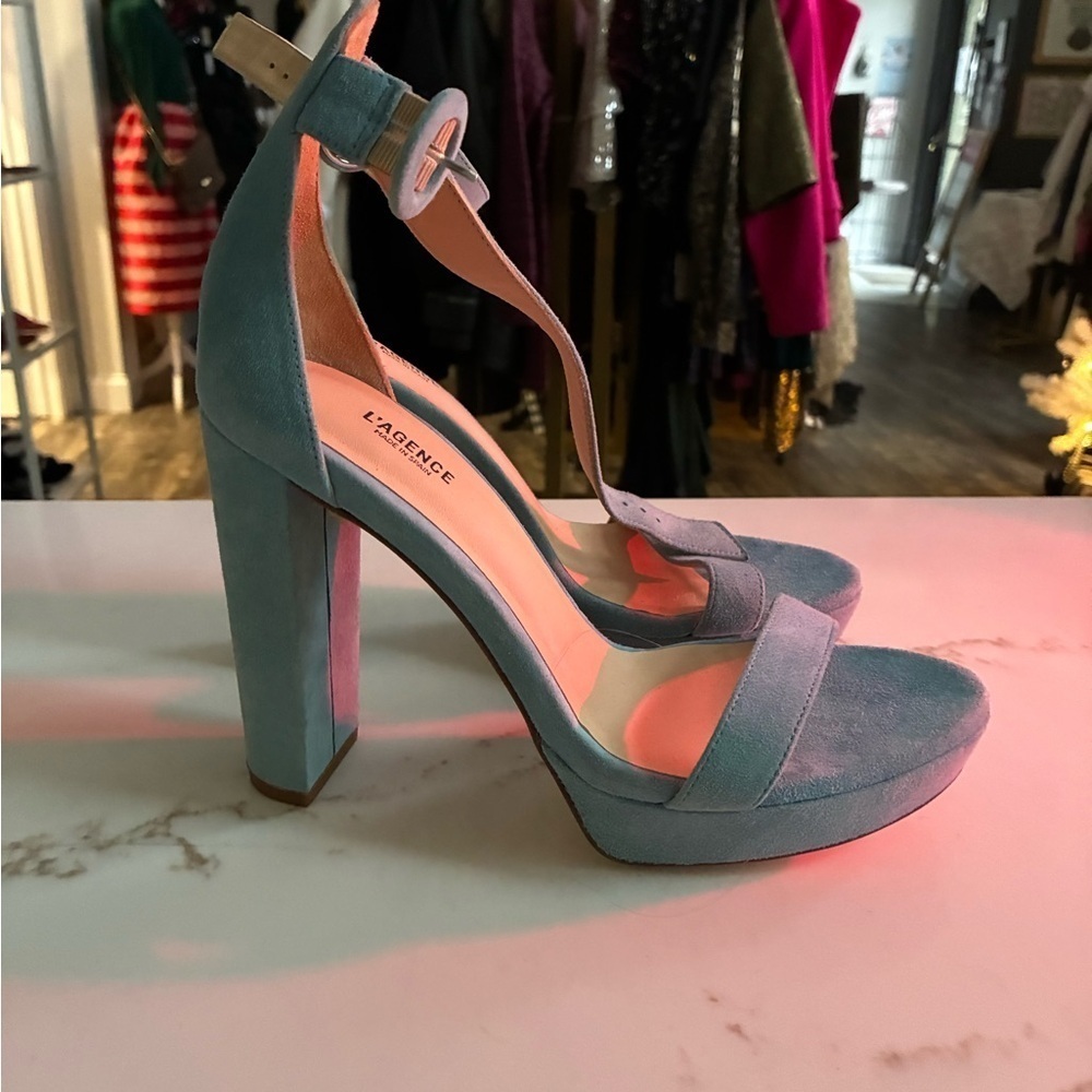 L'Agence Ceceile Riviera Blue Suede Platform Sandals size 38.5 - Picture 6 of 6